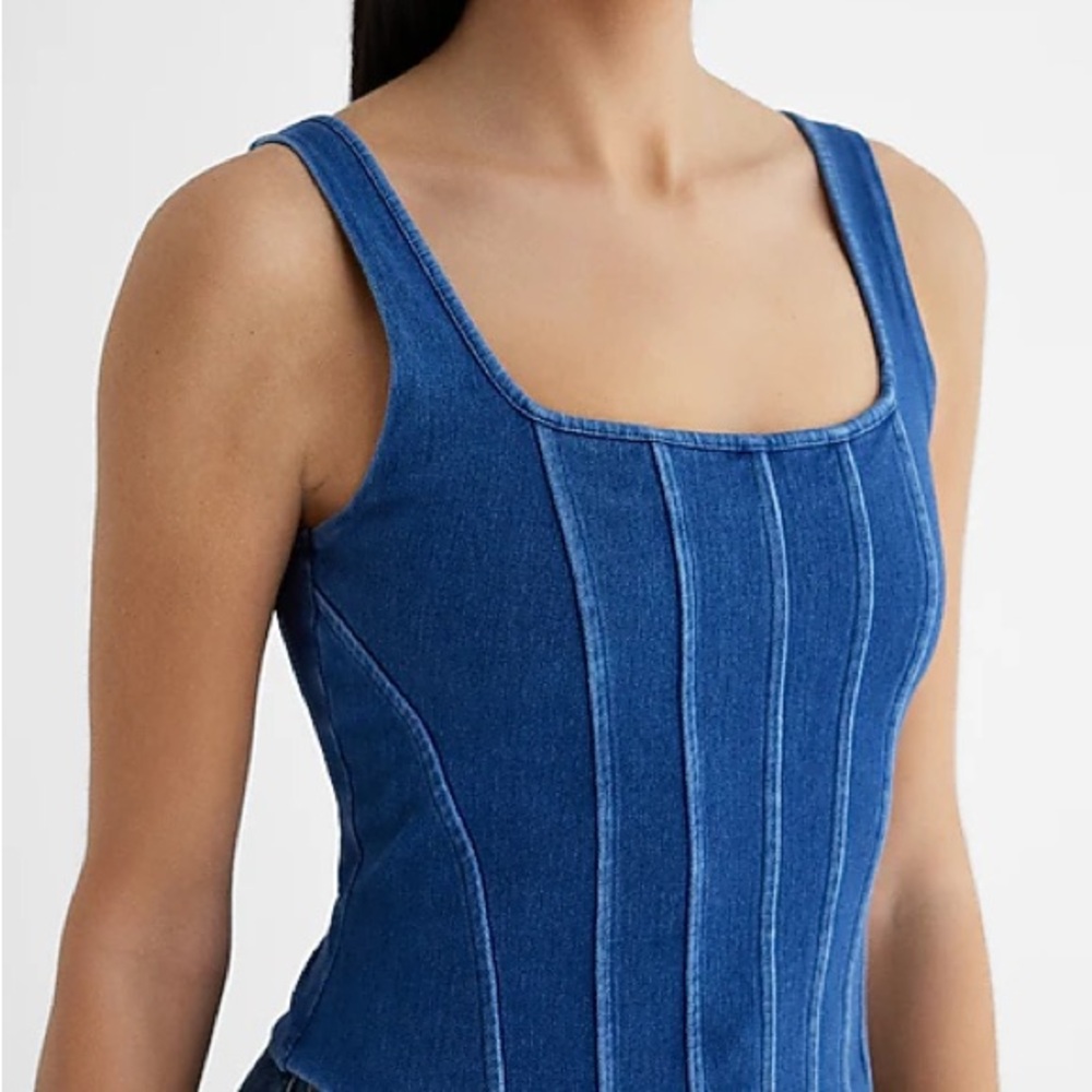 Express Denim Body Contour Denim Square Neck Corset Cropped Tank | Size XS
